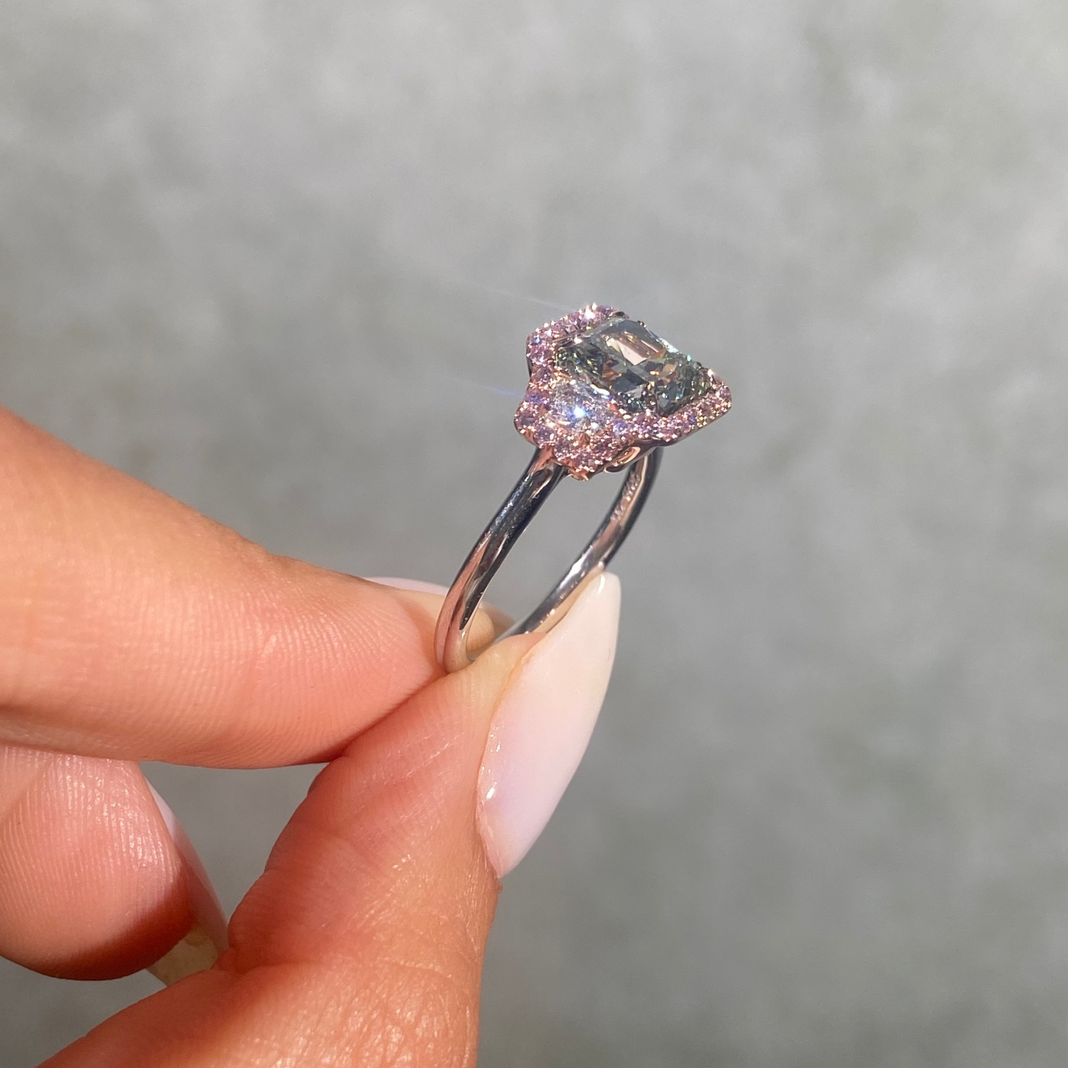 2.54ct GIA green radiant diamond three stone engagement ring with pink diamond halo - on hand | Rare Colors by Namdar, NYC