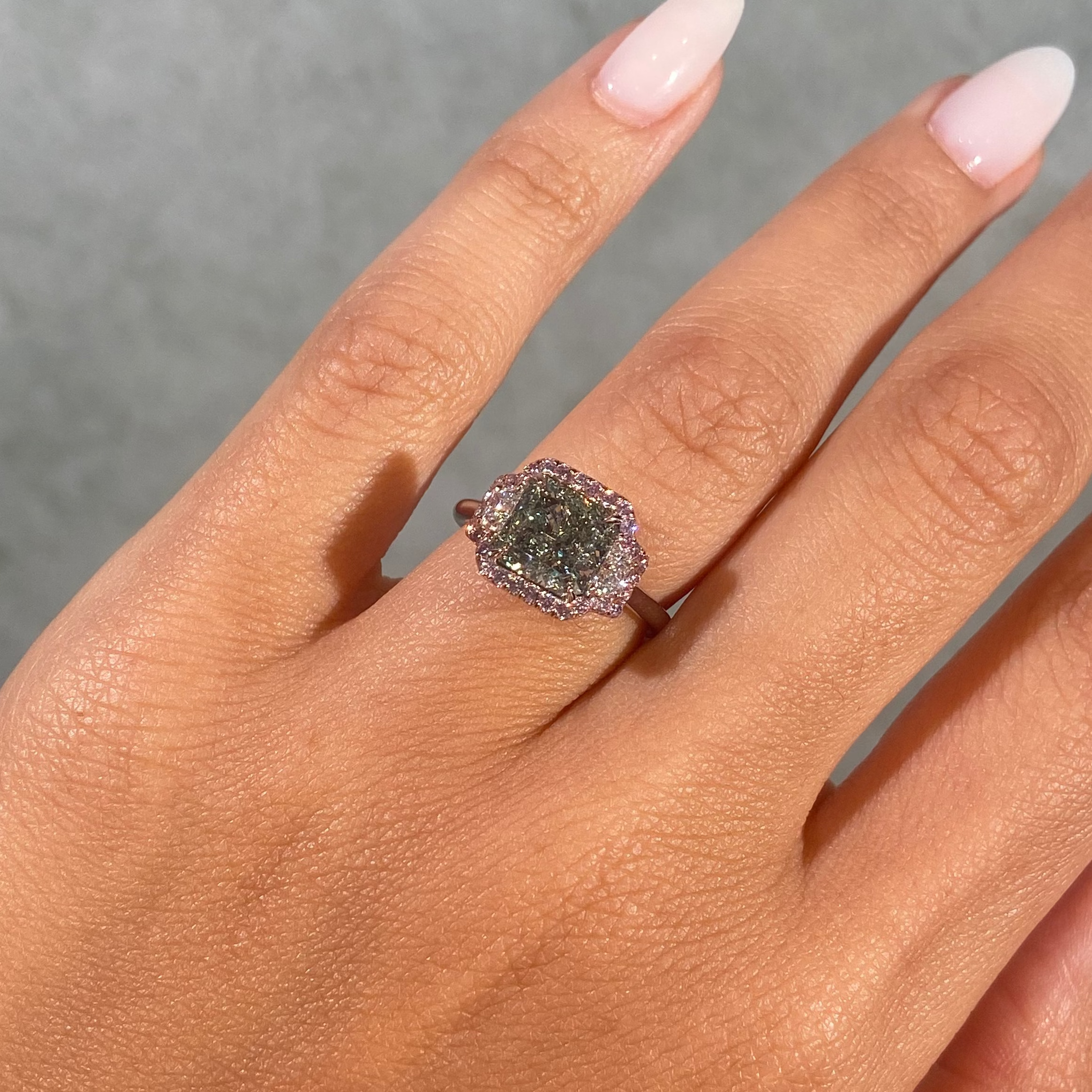 2.54ct GIA Green Diamond Three Stone Halo Engagement Ring