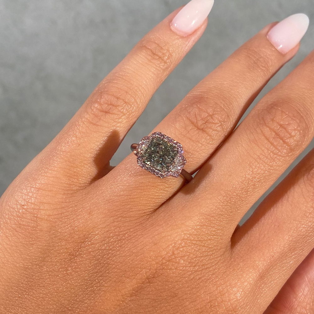 2.54ct GIA Green Diamond Three Stone Halo Engagement Ring