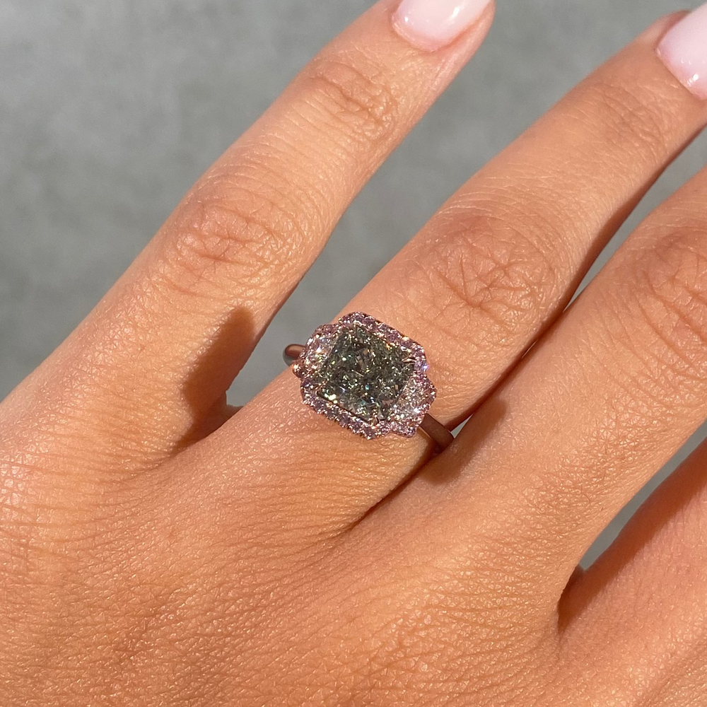 2.54ct GIA green radiant diamond three stone engagement ring with pink diamond halo - close-up detail | Rare Colors by Namdar, NYC