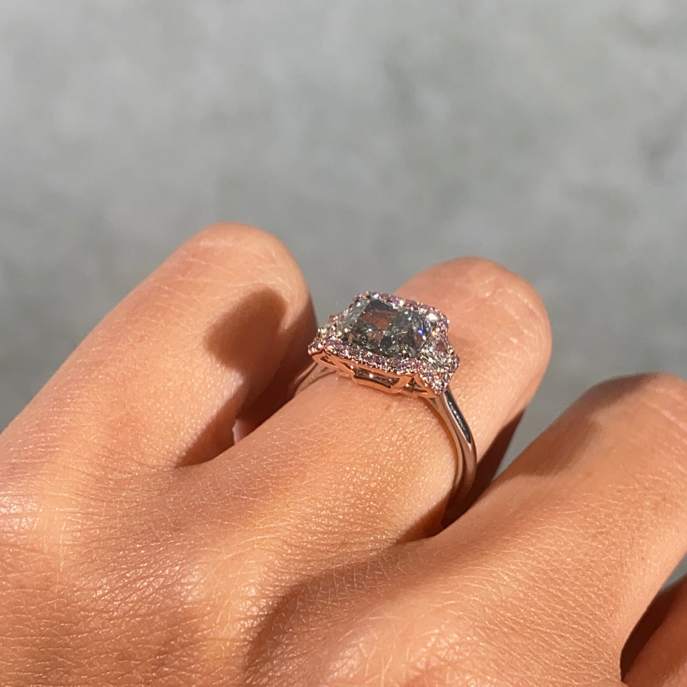 2.54ct GIA Green Diamond Three Stone Halo Engagement Ring