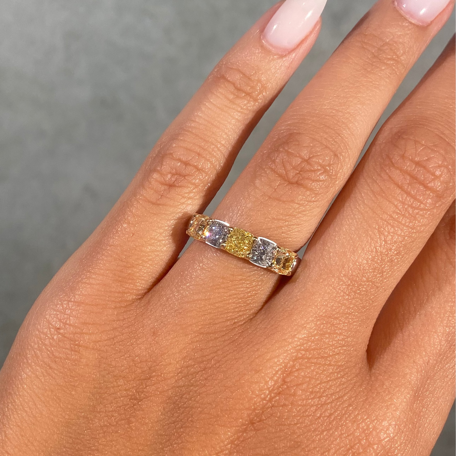 2.5ct Fancy Yellow and Colorless Cushion Diamond Half Eternity Band