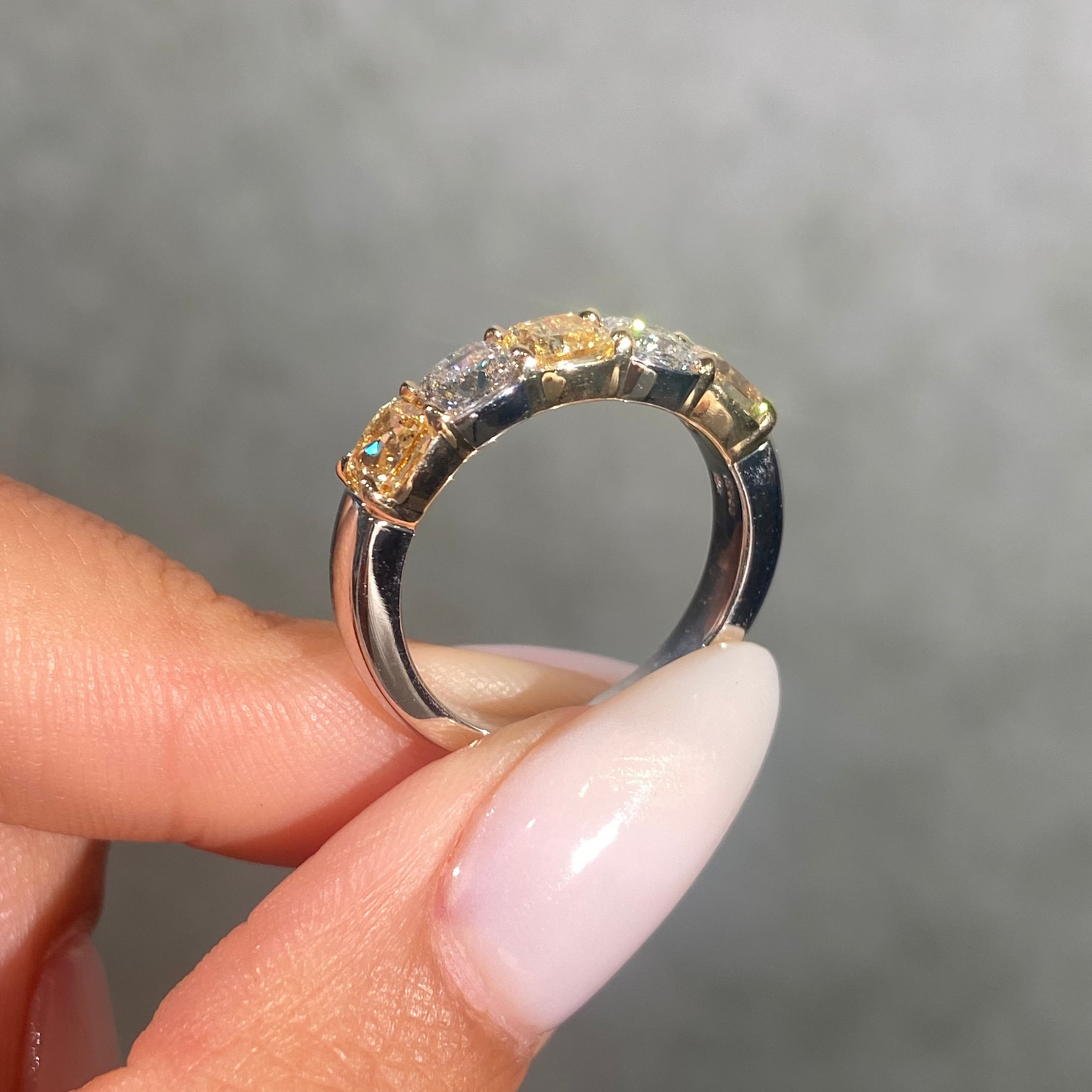 2.5ct Fancy Yellow and Colorless Cushion Diamond Half Eternity Band
