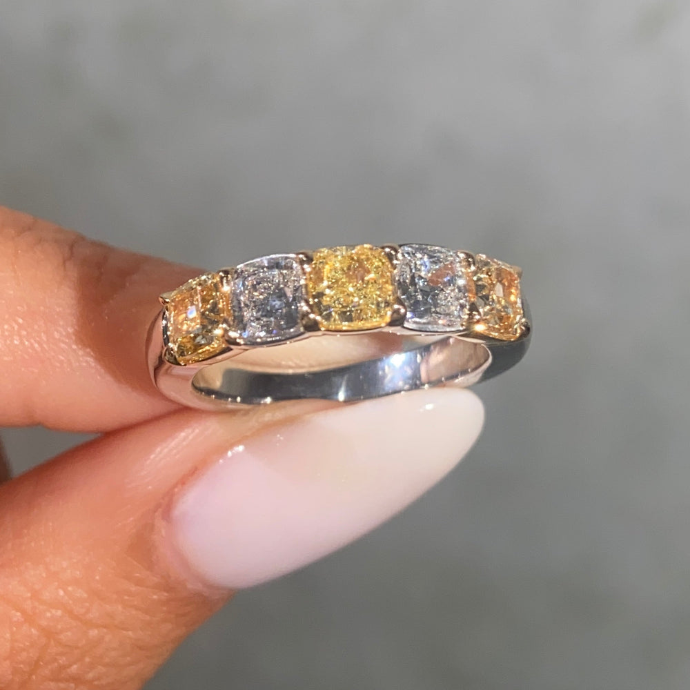 2.5ct Fancy Yellow and Colorless Cushion Diamond Half Eternity Band