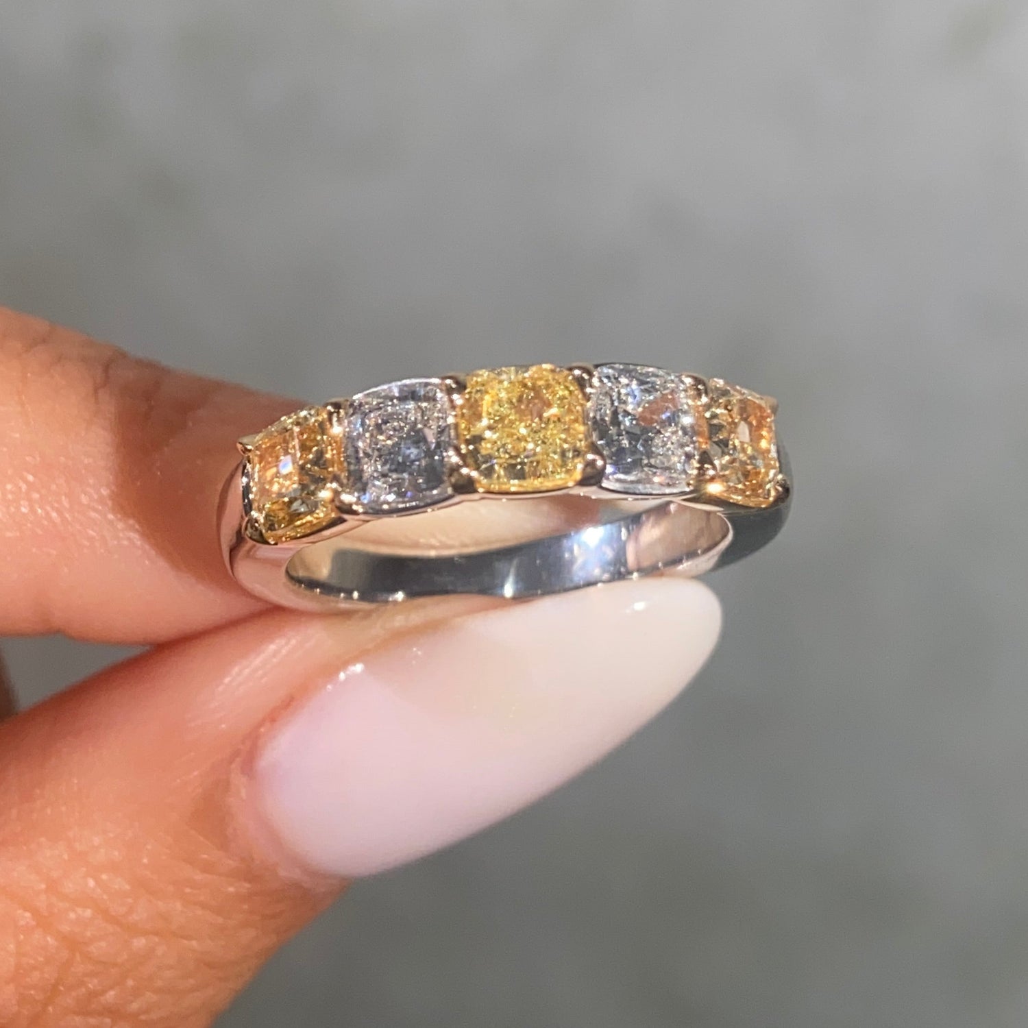 2.5ct Fancy Yellow and Colorless Cushion Diamond Half Eternity Band