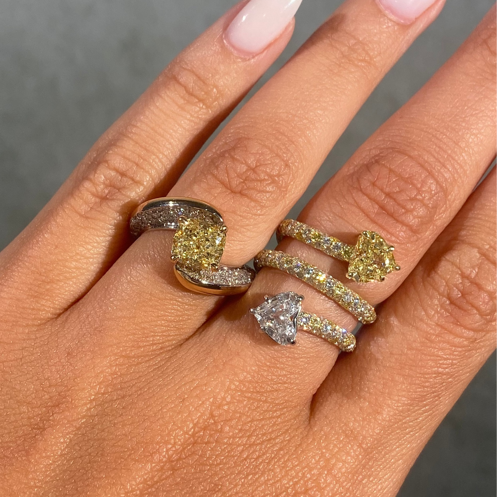 Yellow and Colorless Heart Diamond Spiral Ring