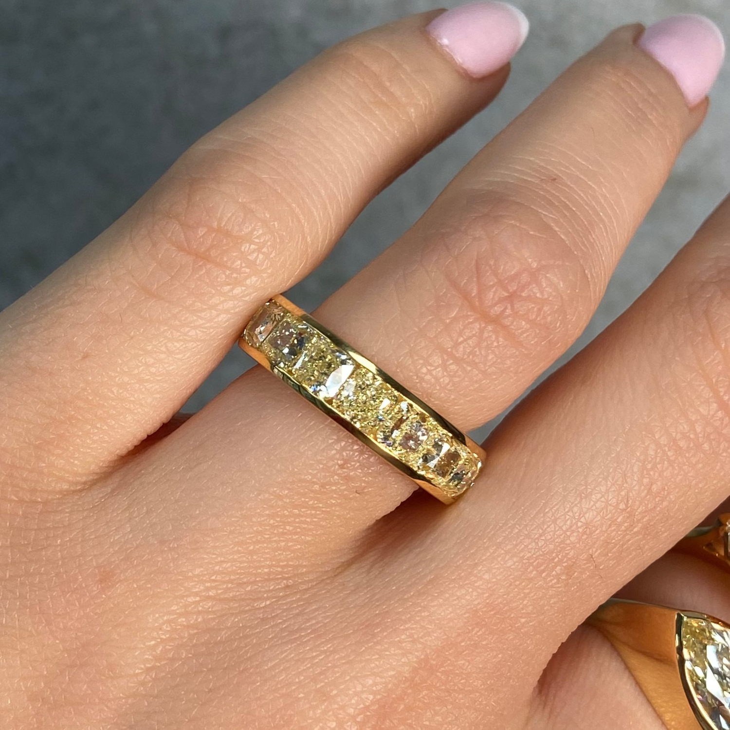 8ct Yellow Cushion diamond eternity band, handcrafted by Rare Colors by Namdar