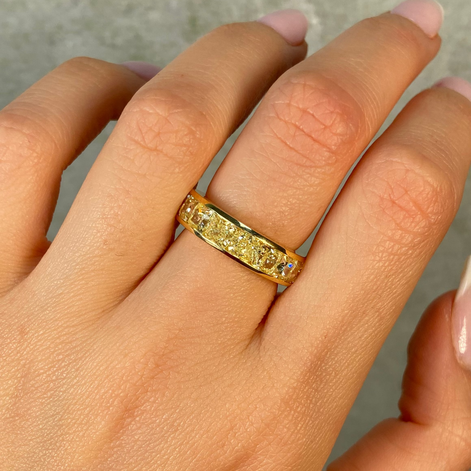 8ct Yellow Cushion eternity band — color diamond specialists Rare Colors by Namdar