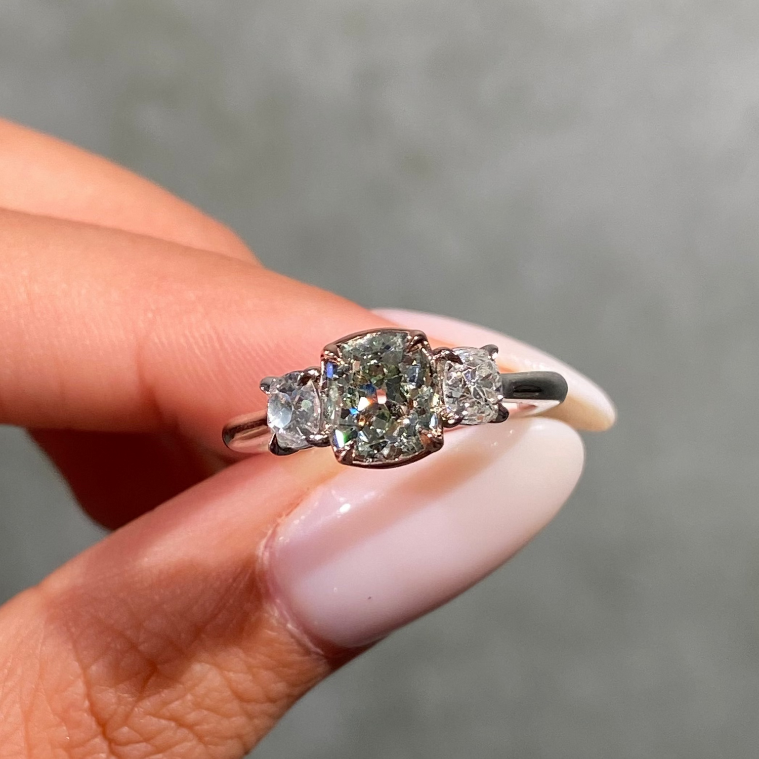1.53ct Fancy Yellowish Green Old Mine Cushion Diamond Three Stone Engagement Ring