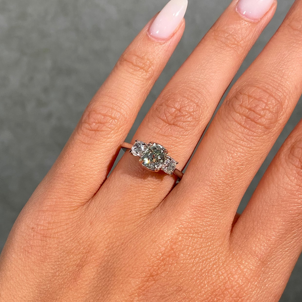 1.53ct Fancy Yellowish Green Old Mine Cushion Diamond Three Stone Engagement Ring