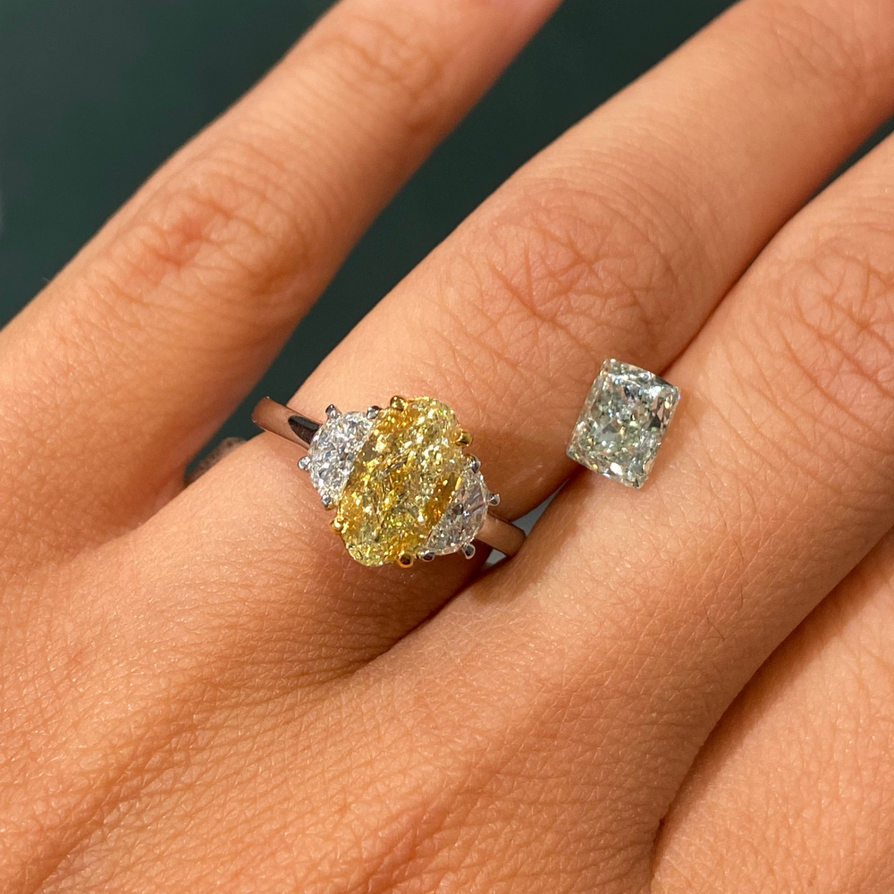 2.02ct GIA light yellow oval diamond three stone engagement ring with half moon sides - side profile | Rare Colors by Namdar, NYC