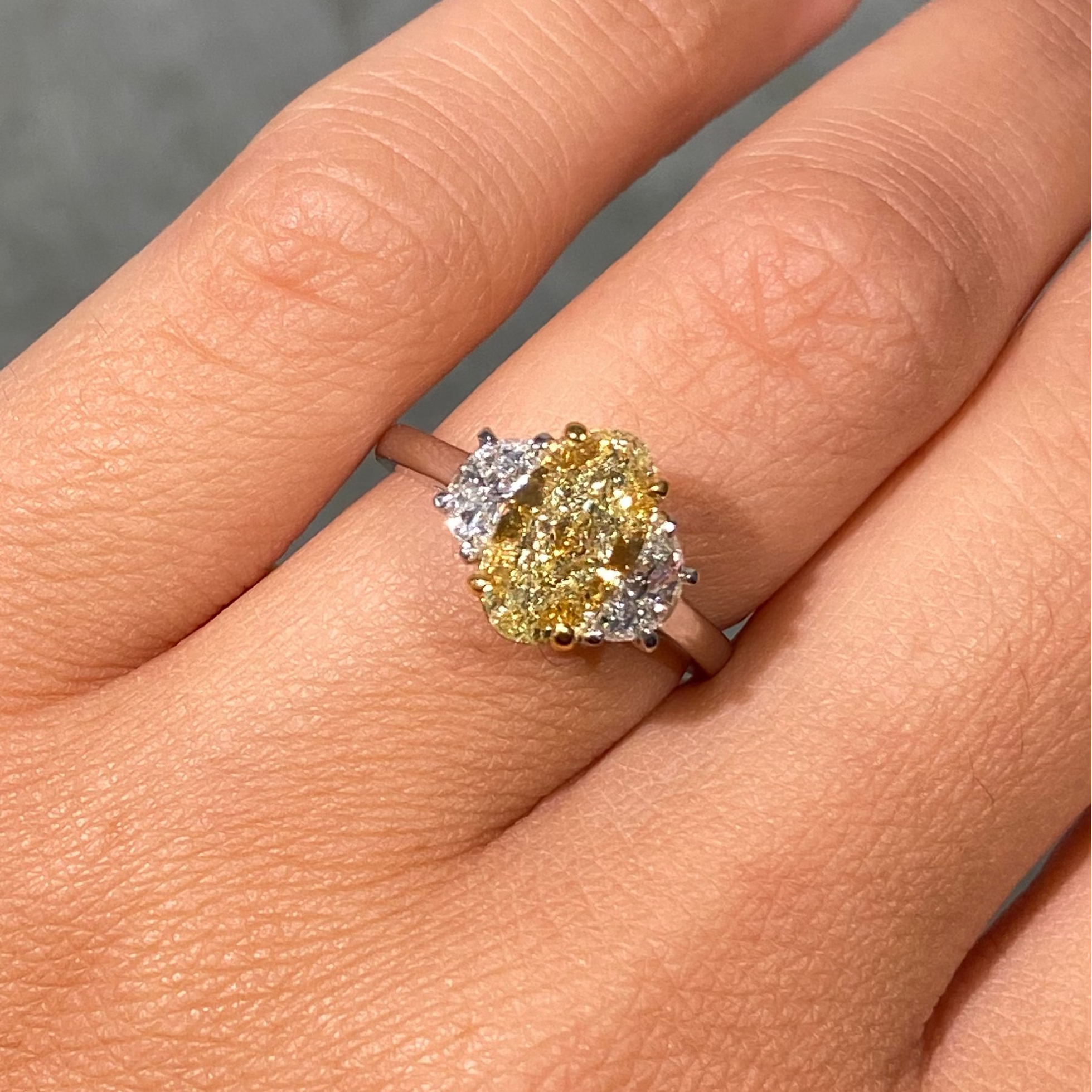 2.02ct GIA Light Yellow Oval Diamond Three Stone Engagement Ring