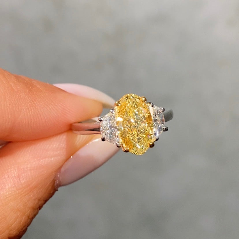 2.02ct GIA Light Yellow Oval Diamond Three Stone Engagement Ring