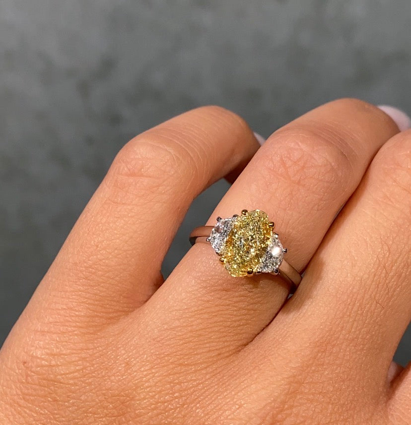 2.02ct GIA Light Yellow Oval Diamond Three Stone Engagement Ring