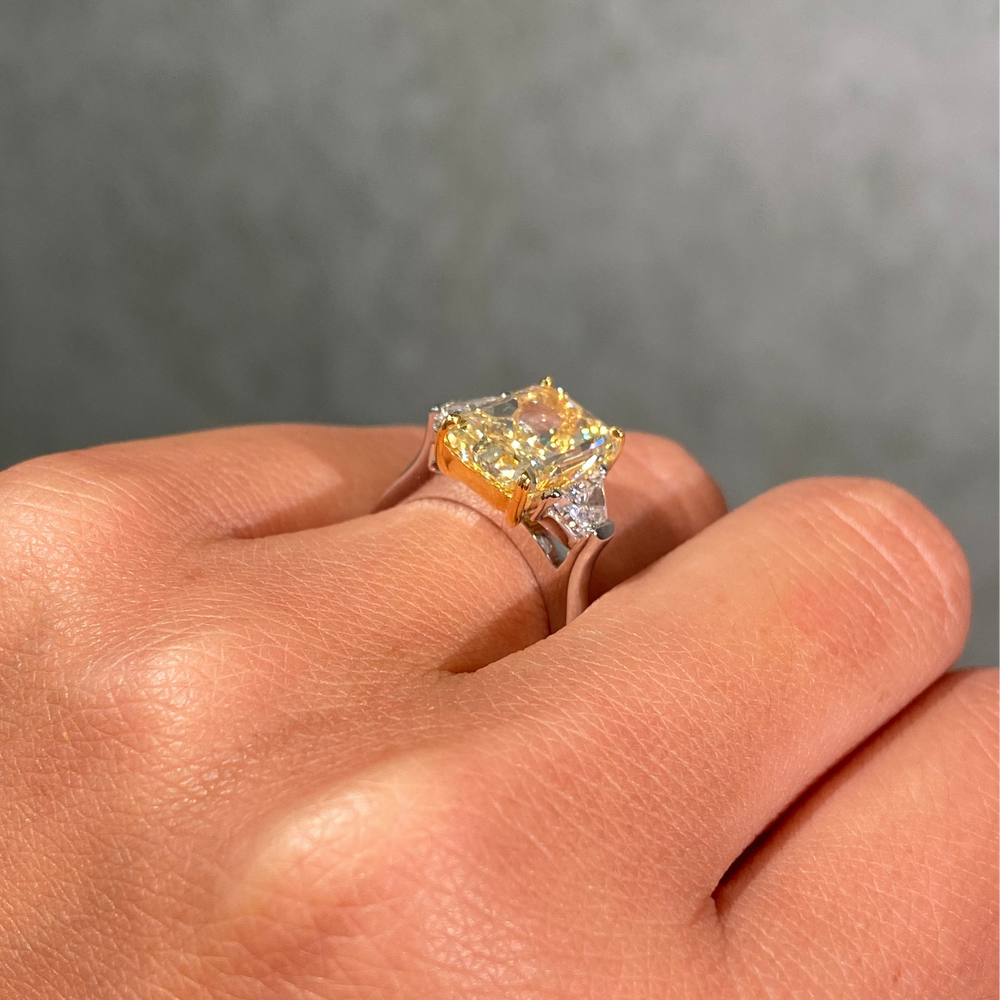 4.15ct GIA Fancy Yellow Elongated Radiant Diamond Three Stone Engagement Ring