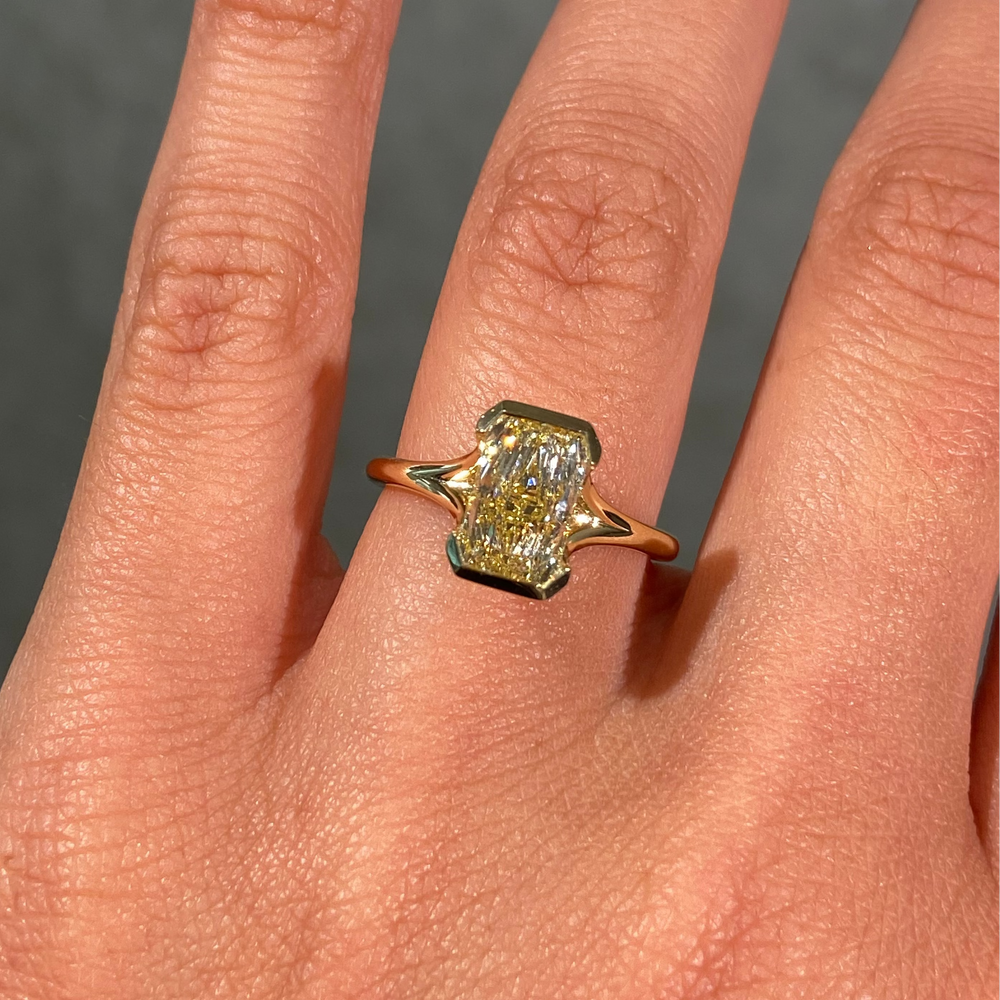 2ct GIA Fancy Light Yellow Elongated Radiant Diamond Floating Bezel Engagement Ring