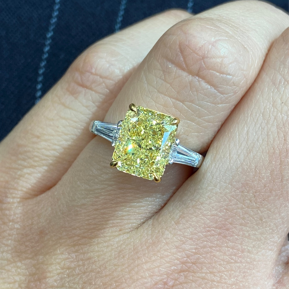 4 Carat Fancy Yellow Elongated Radiant and Tapered Baguette Diamond Engagement Ring