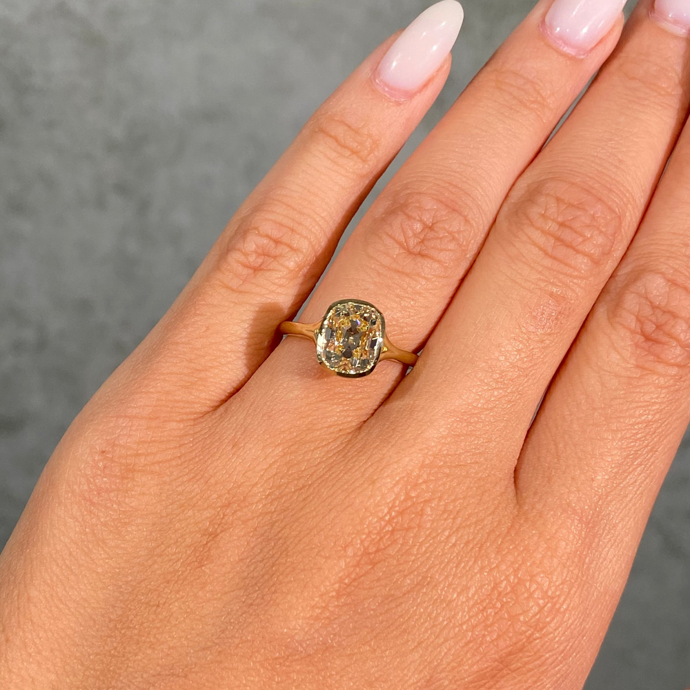 2.7ct Yellow Old Mine Cushion Diamond Split Shank Bezel Solitaire Engagement Ring
