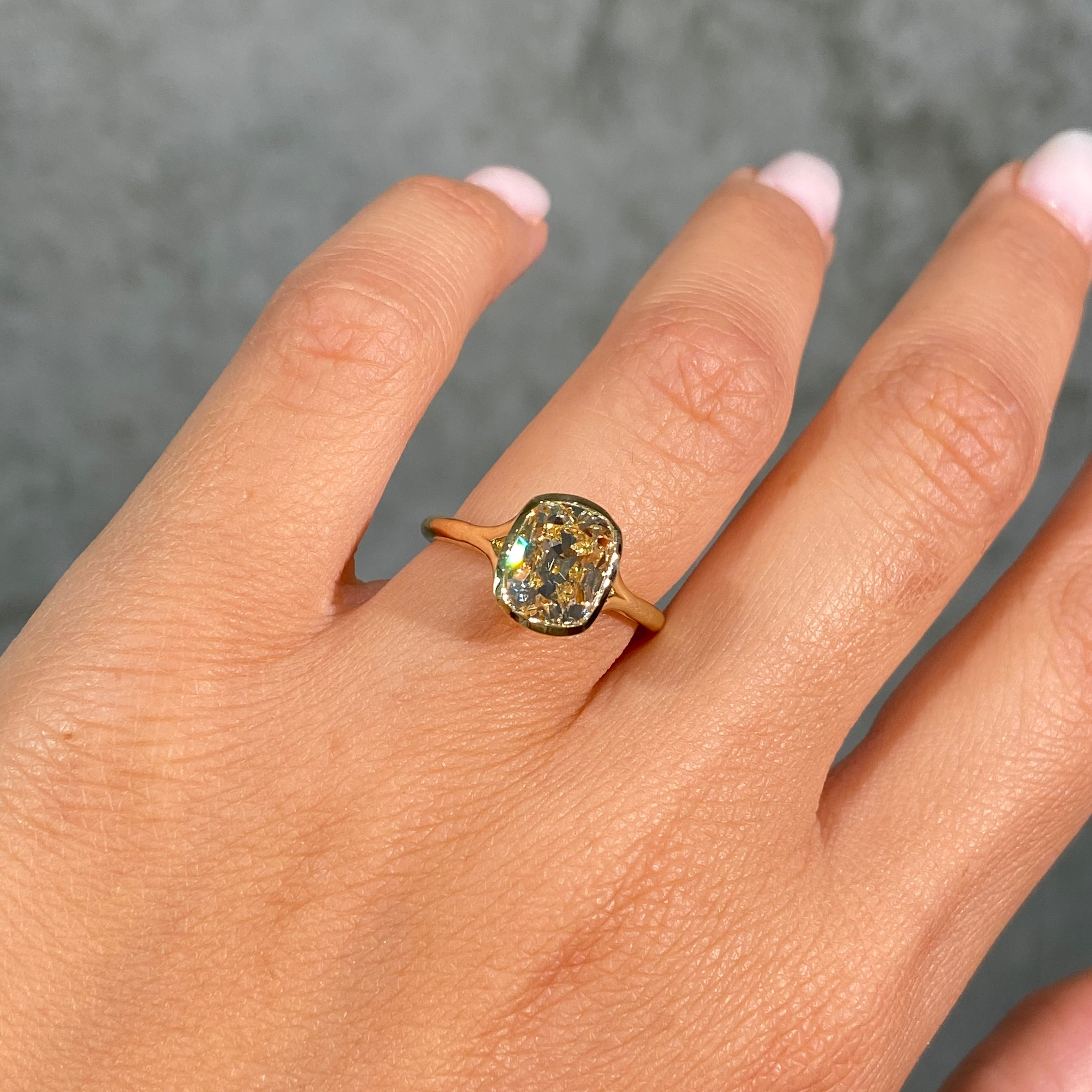 Yellow Old Mine Cushion Diamond Split Shank Bezel Solitaire Engagement Ring