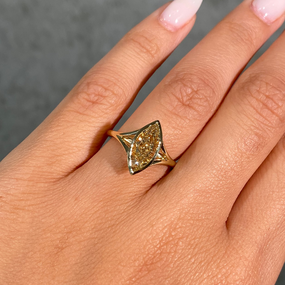 2ct GIA light yellow marquise diamond split shank bezel solitaire engagement ring - close-up detail | Rare Colors by Namdar, NYC