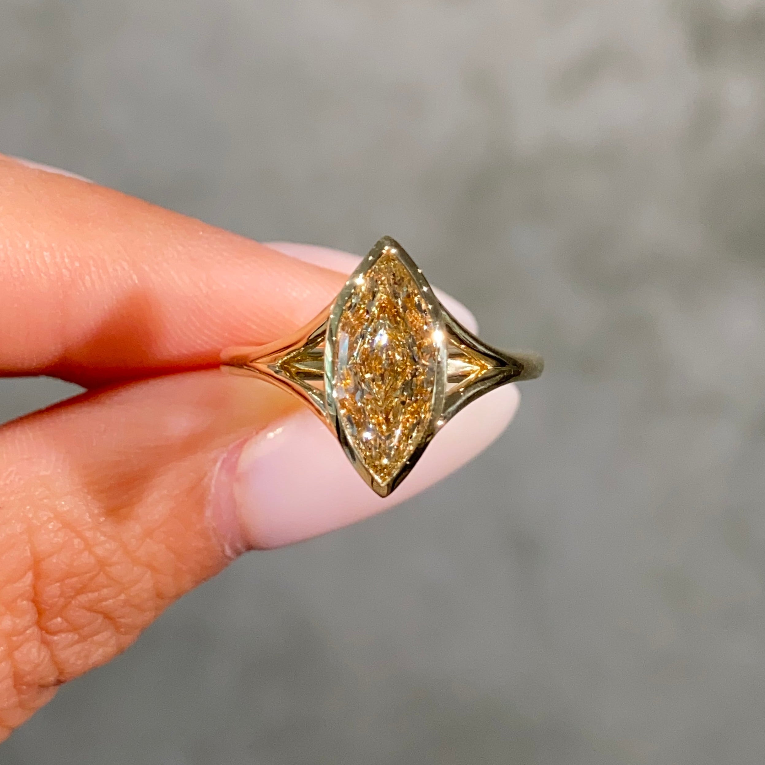 2ct GIA LIght Yellow Marquise Diamond Bezel Split Shank Bezel Solitaire Engagement Ring