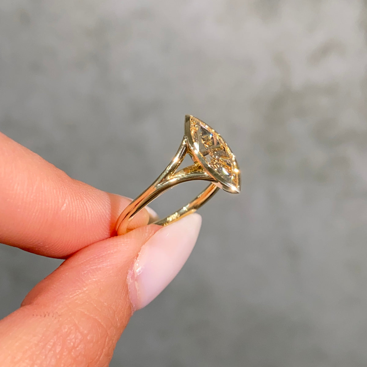 2ct GIA light yellow marquise diamond split shank bezel solitaire engagement ring - side profile | Rare Colors by Namdar, NYC