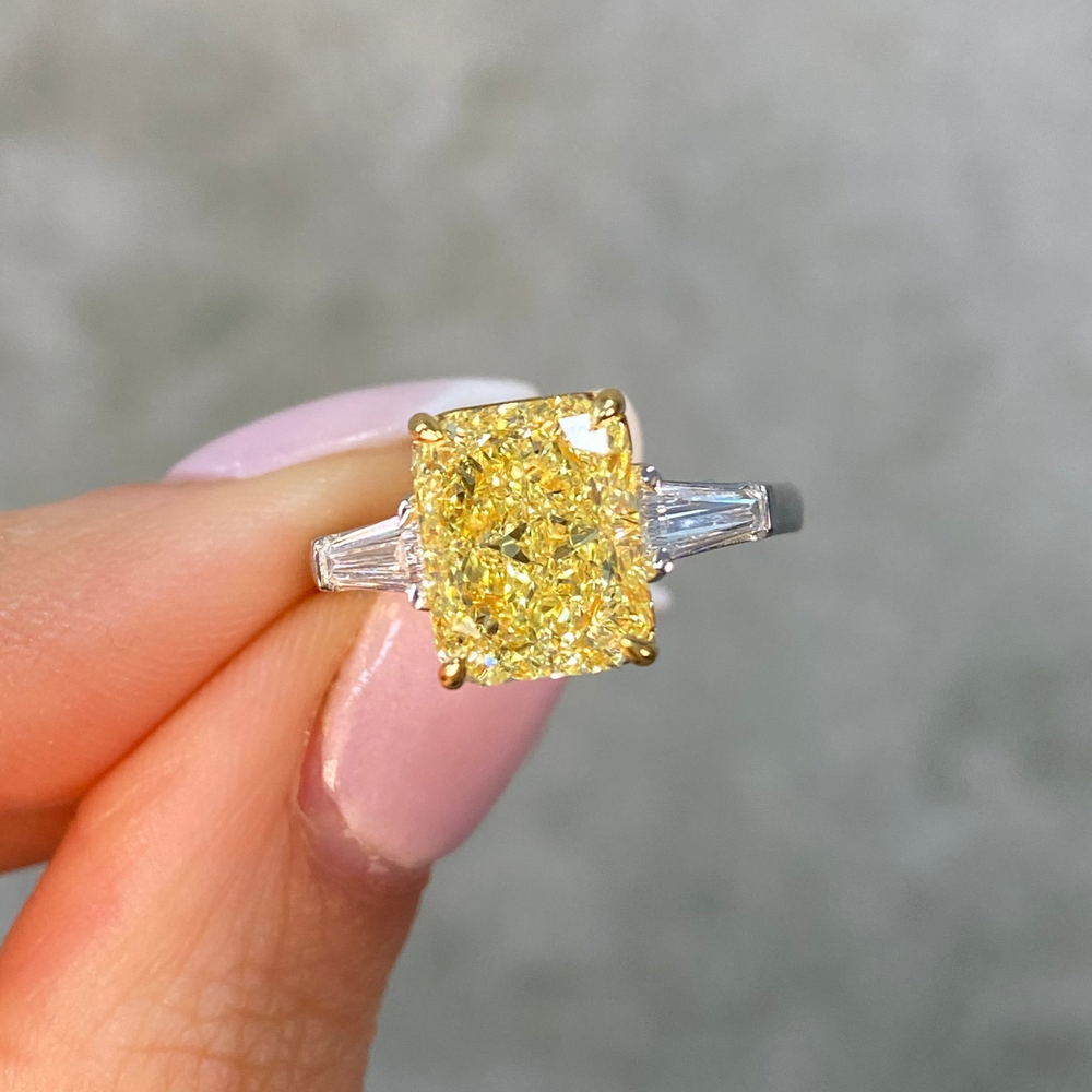 4 Carat Fancy Yellow Elongated Radiant and Tapered Baguette Diamond Engagement Ring