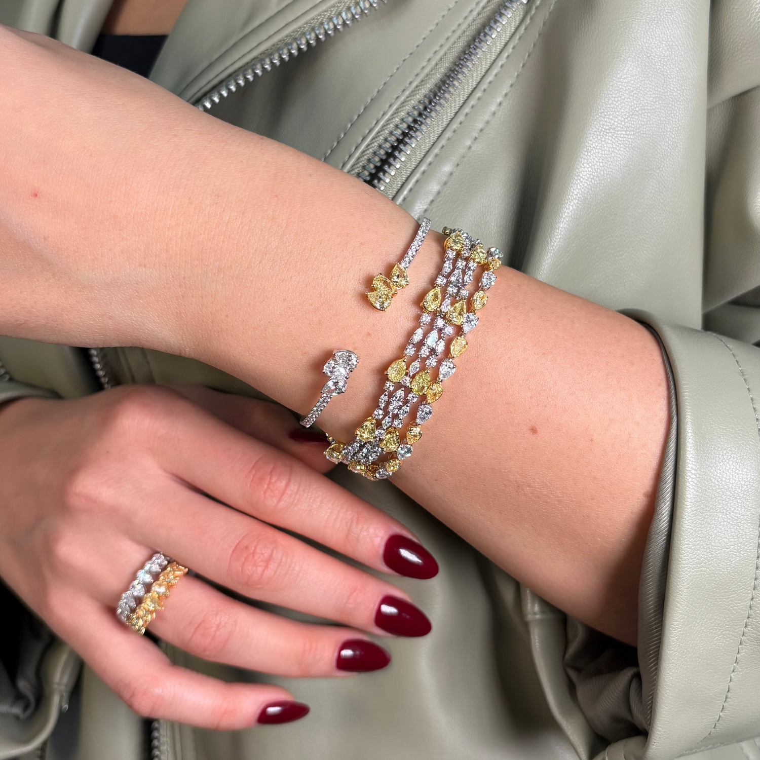 pear shape yellow and white diamond bracelet and ring 