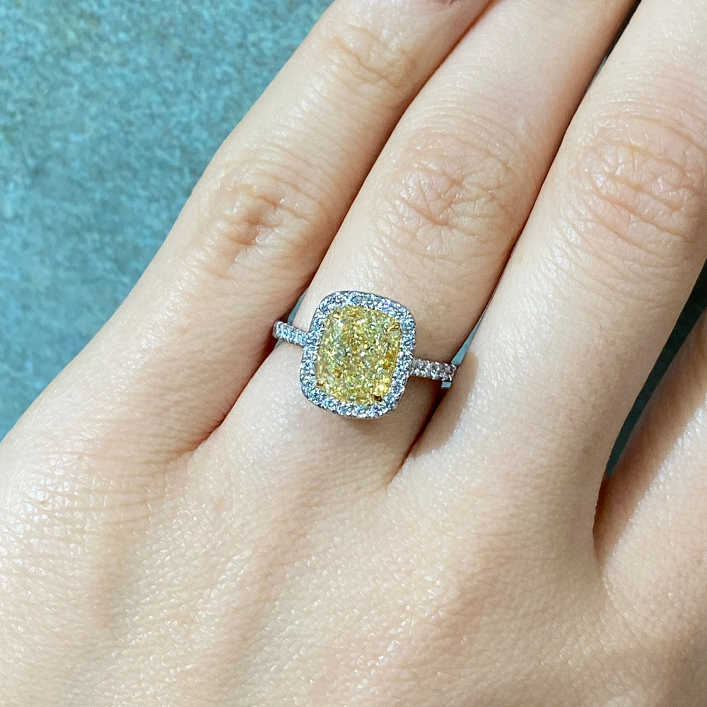 3ct Yellow Cushion engagement ring — color diamond specialists Rare Colors by Namdar