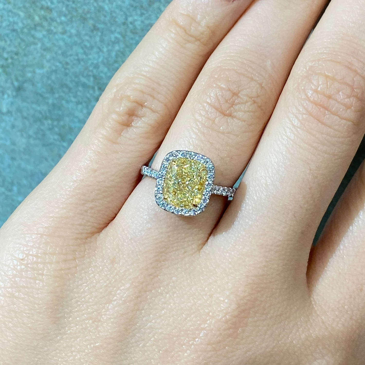 3ct Yellow Cushion engagement ring — color diamond specialists Rare Colors by Namdar