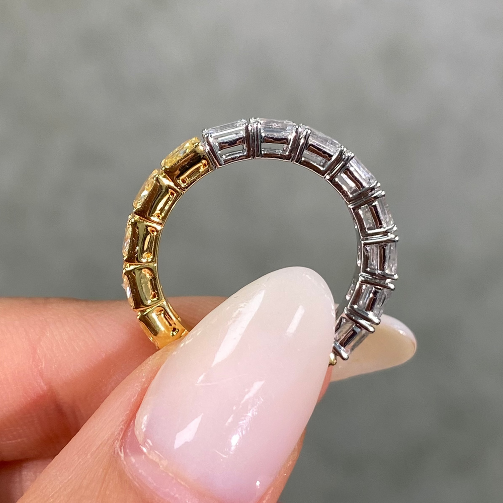 3ct East West Yellow Radiant and Colorless Emerald Diamond Half and Half Eternity Band