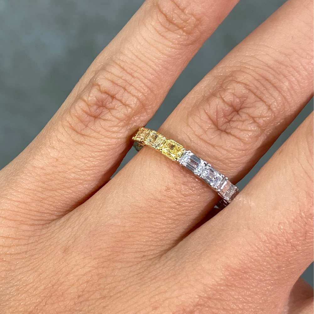 3ct East West Yellow Radiant and Colorless Emerald Diamond Half and Half Eternity Band
