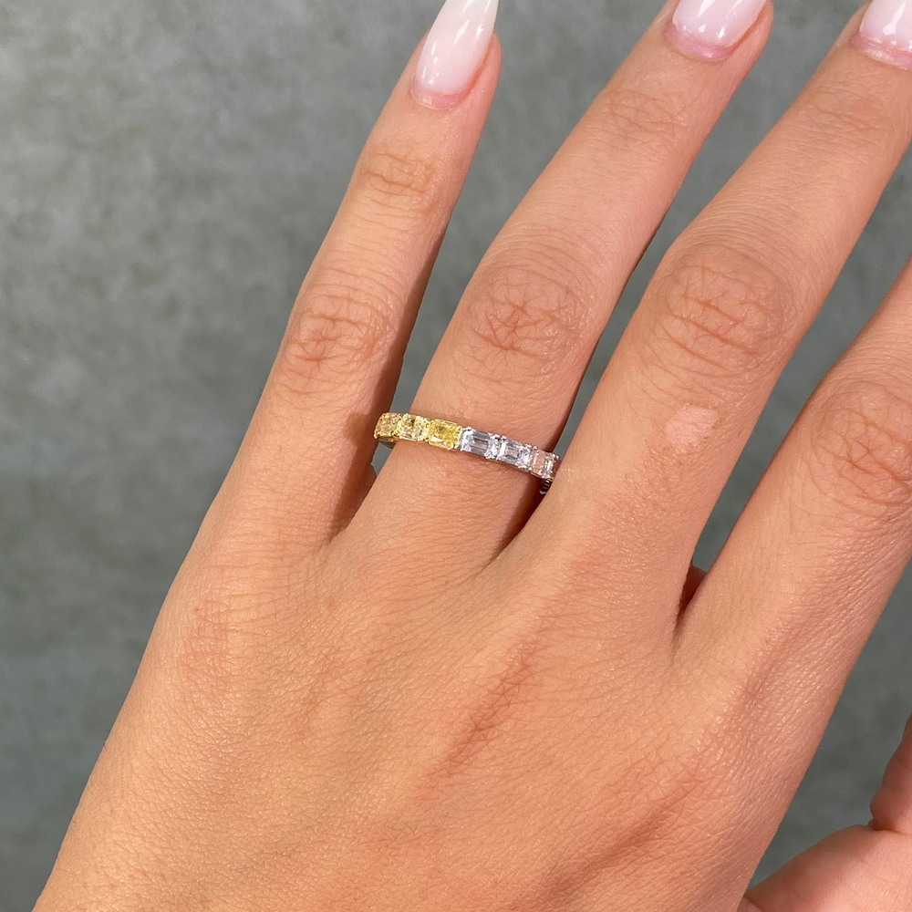 3ct East West Yellow Radiant and Colorless Emerald Diamond Half and Half Eternity Band