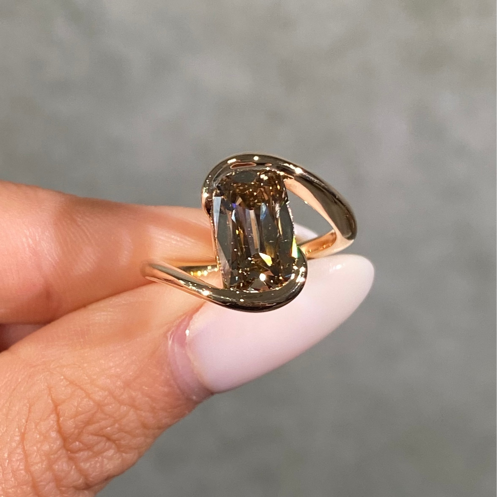 3ct GIA antique cushion champagne diamond Sloane engagement ring in 18k yellow gold - close-up detail | Rare Colors by Namdar, NYC