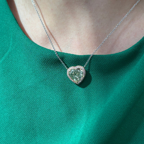 Green Heart Diamond in Pink Diamond Halo Pendant Necklace