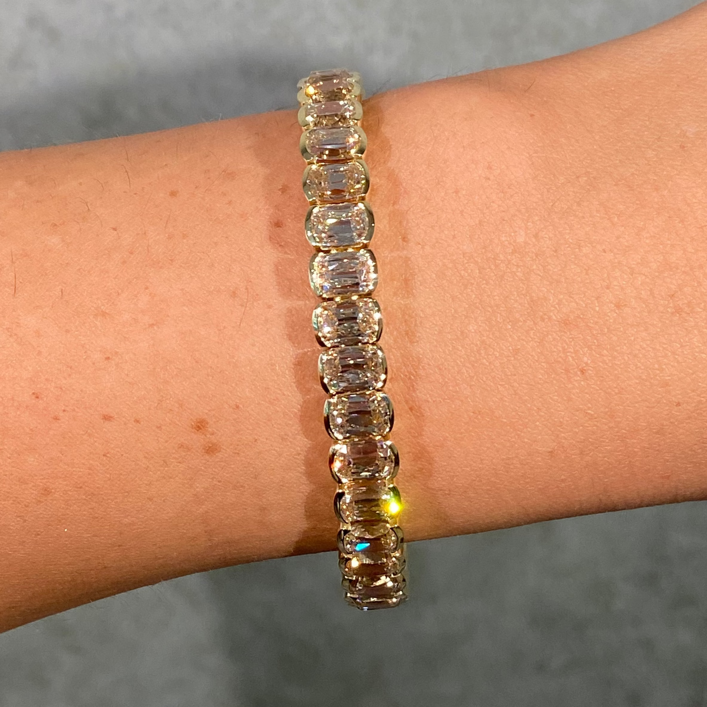 27 Carat Old Mine Cushion Champagne Diamond Half Bezel Tennis Bracelet