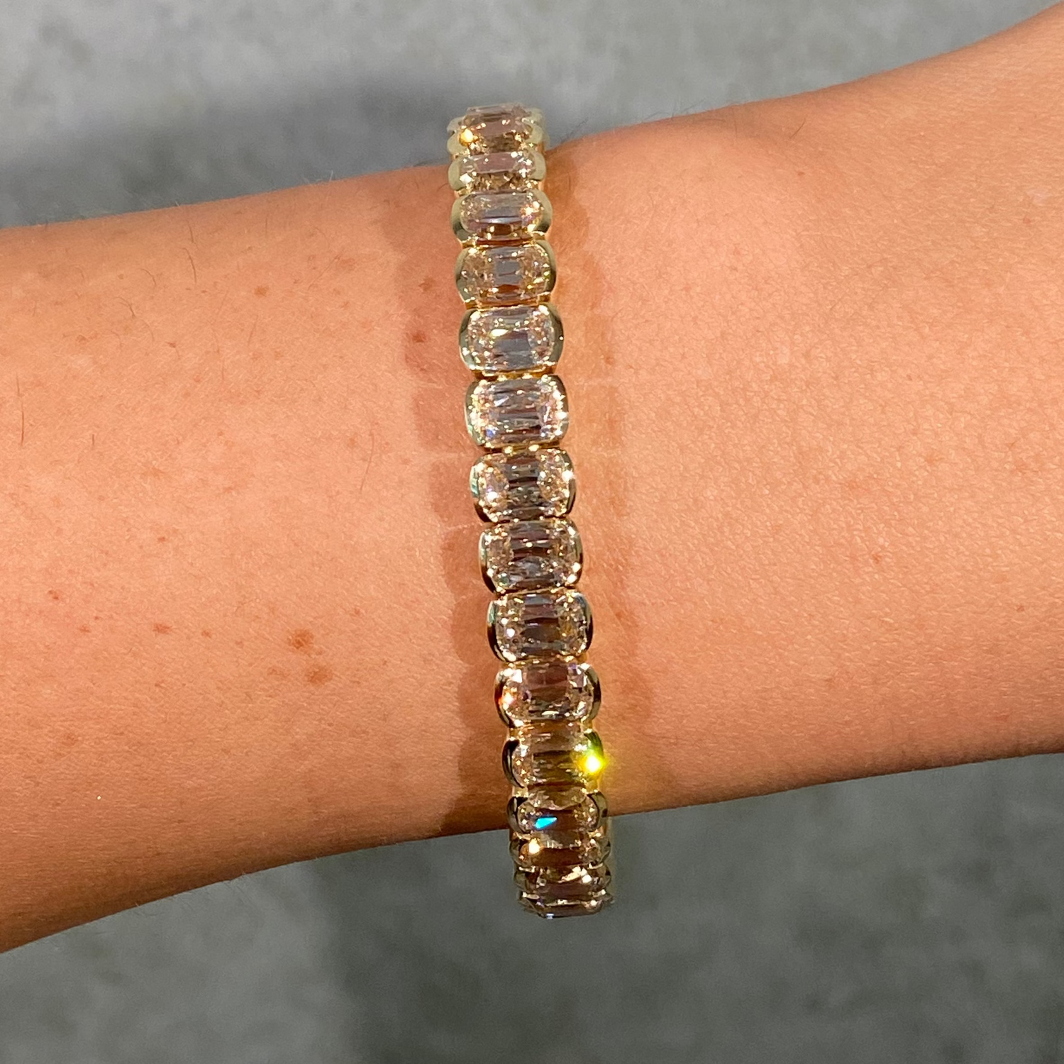 27 Carat Old Mine Cushion Champagne Diamond Half Bezel Tennis Bracelet