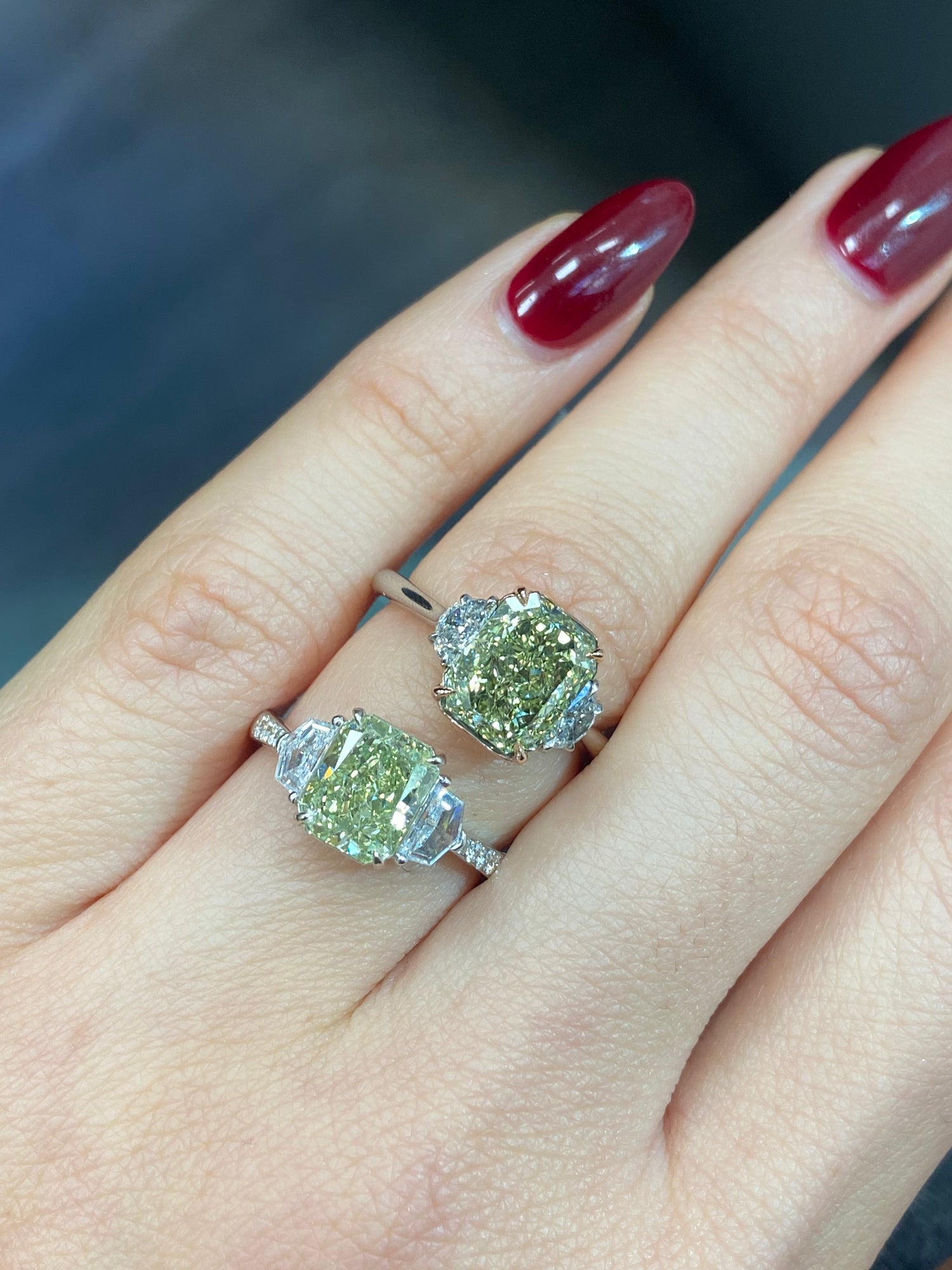 2ct Green Radiant engagement ring — color diamond specialists Rare Colors by Namdar