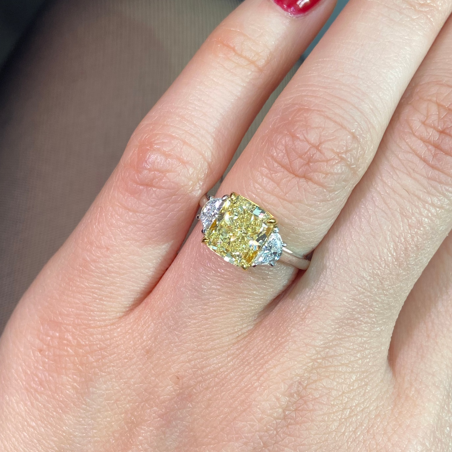 Natural 3ct Fancy Yellow Cushion diamond engagement ring — Rare Colors by Namdar NYC