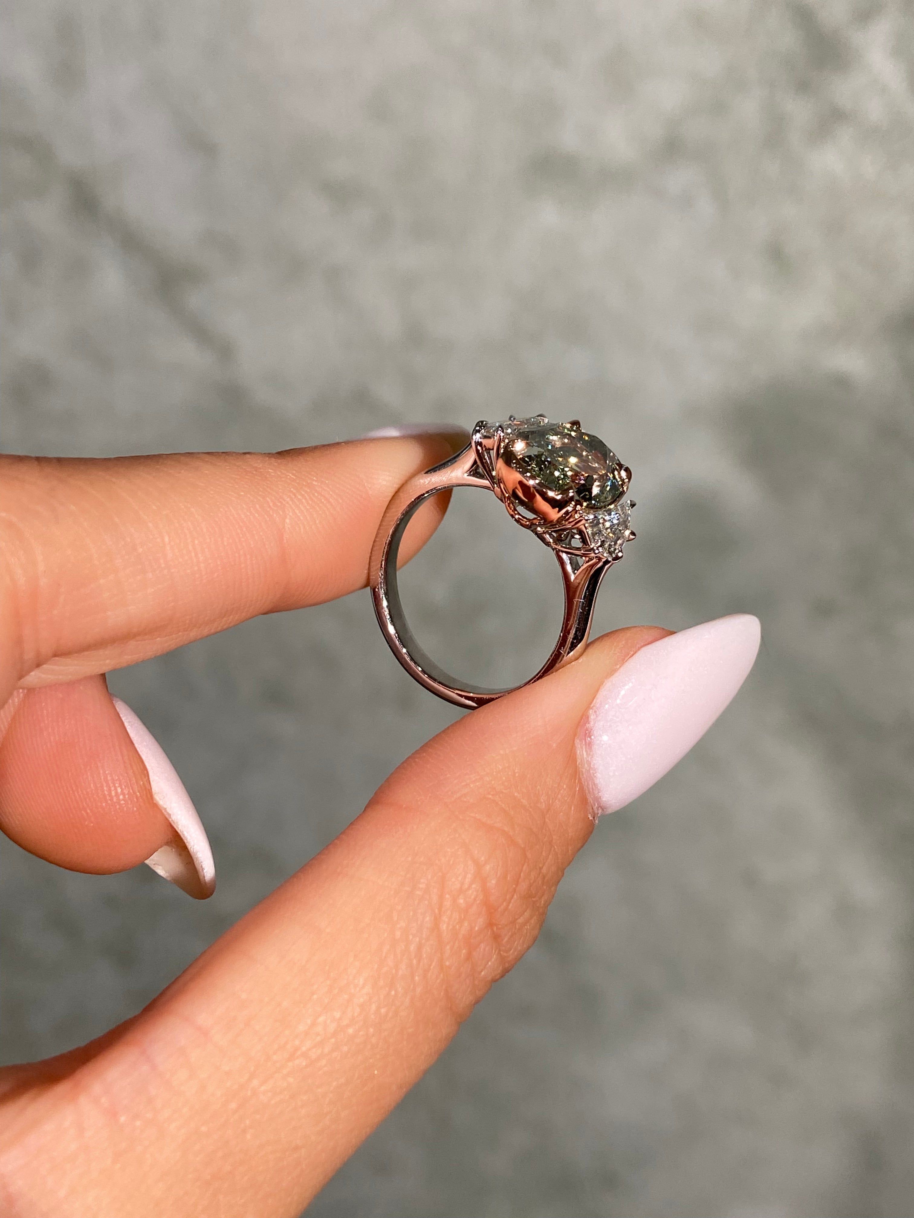 5ct Green Oval Diamond Three Stone Engagement Ring