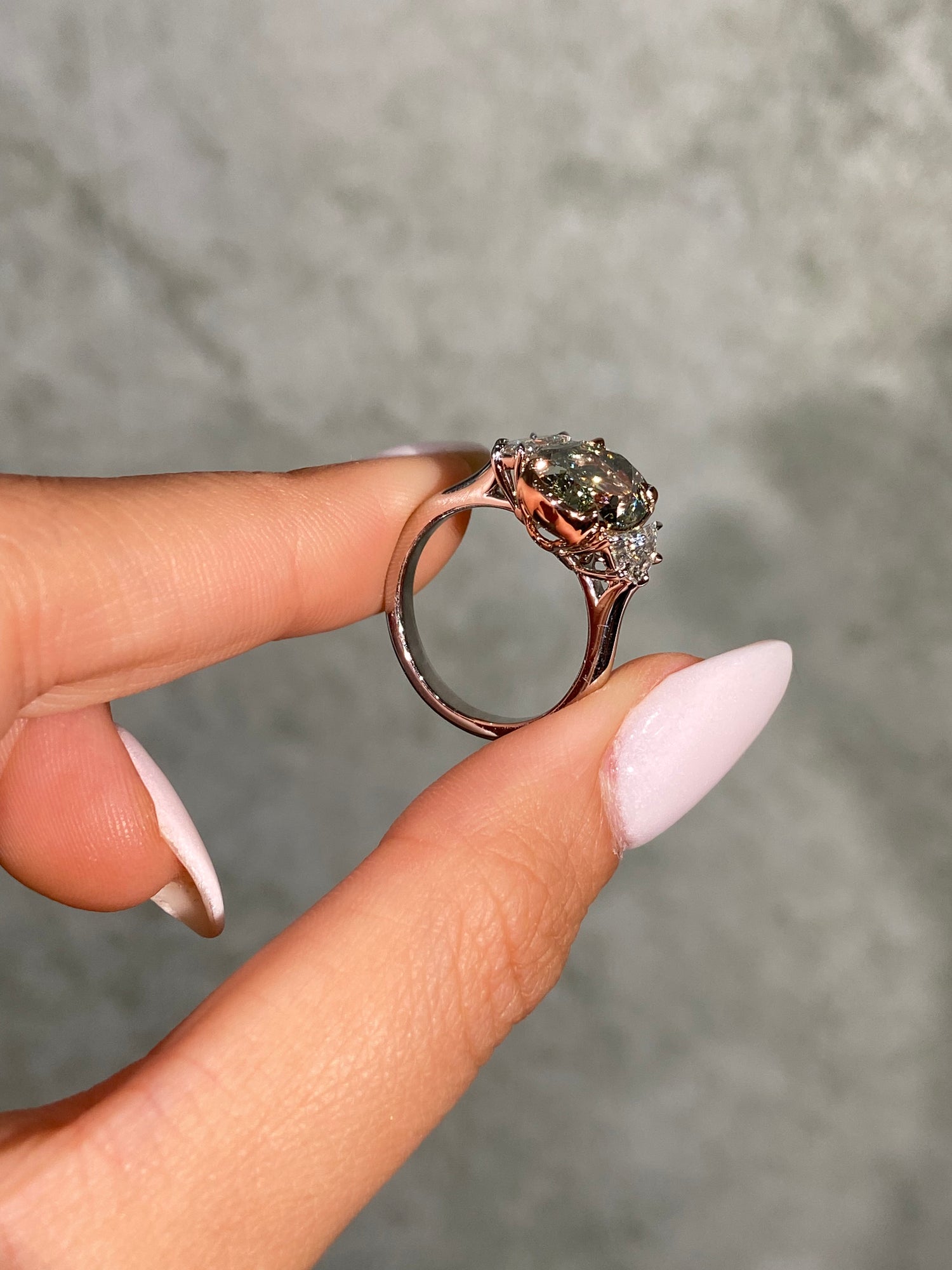 5ct Green Oval Diamond Three Stone Engagement Ring