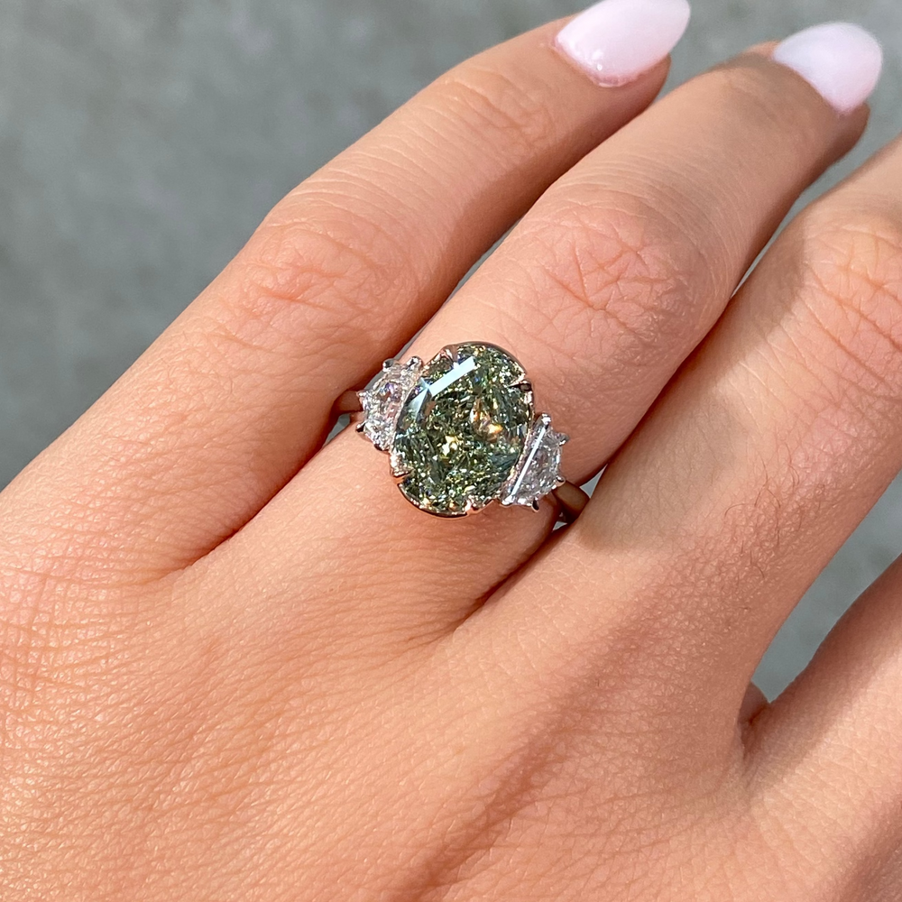 5ct GIA Green Oval Diamond Three Stone Engagement Ring