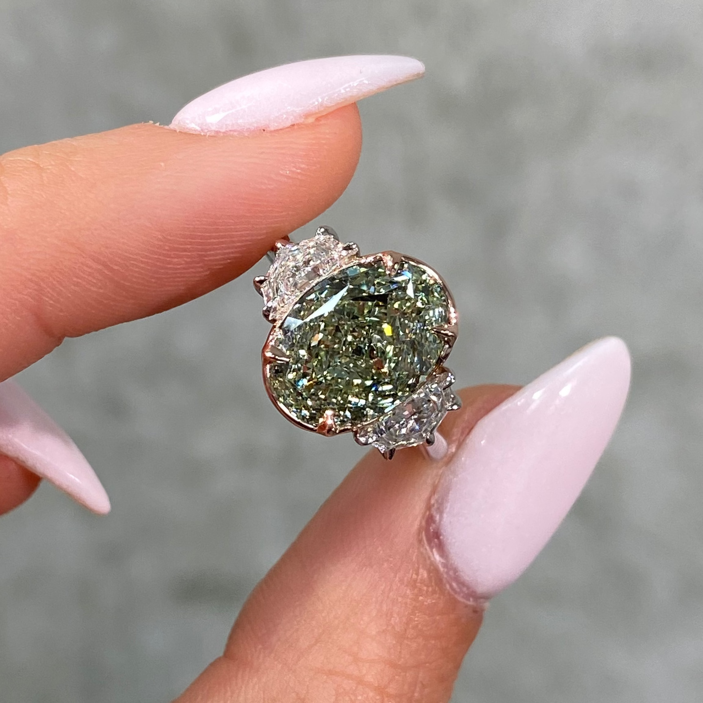 5ct GIA Green Oval Diamond Three Stone Engagement Ring