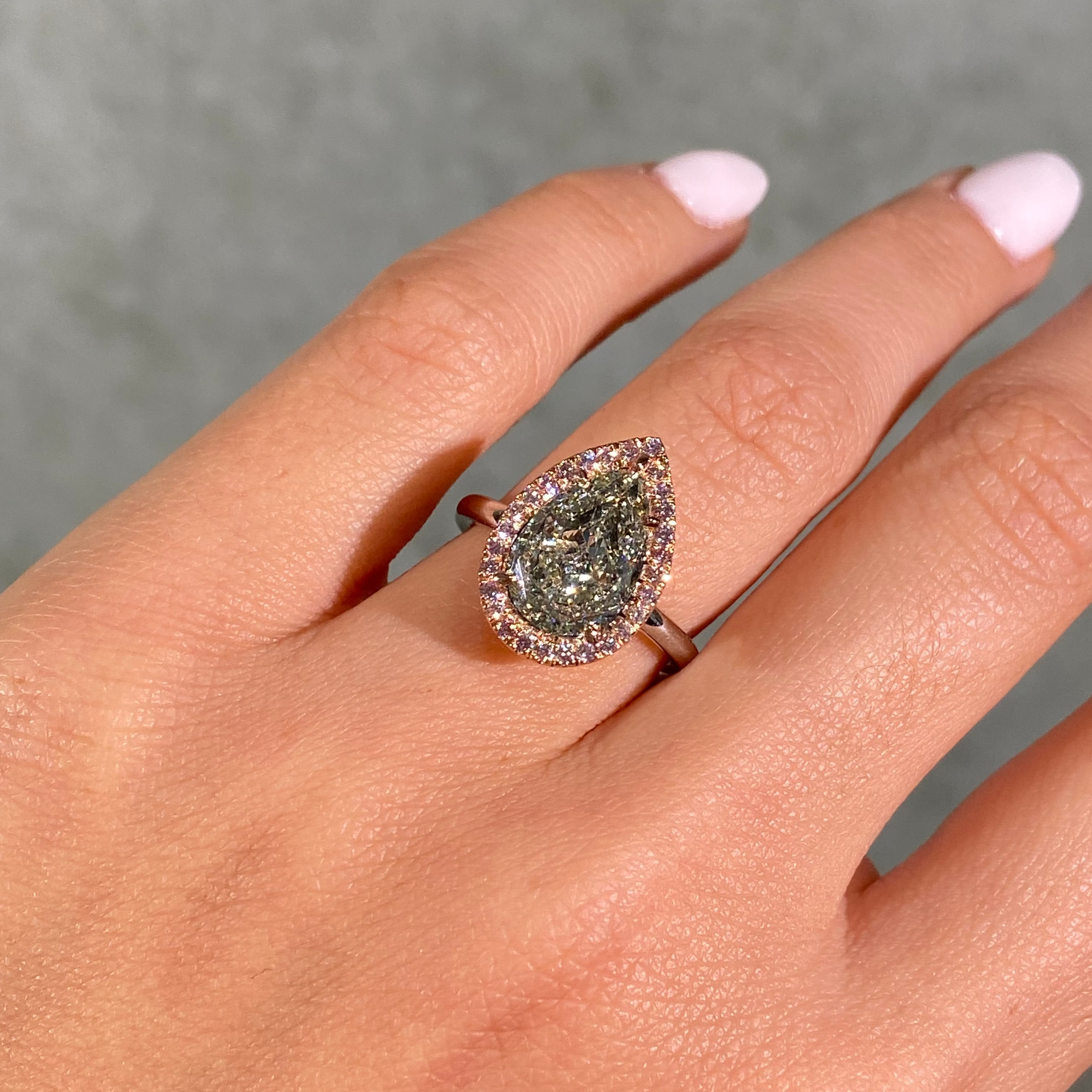 3.79ct GIA Green Pear Diamond Pink Diamond Halo Engagement Ring
