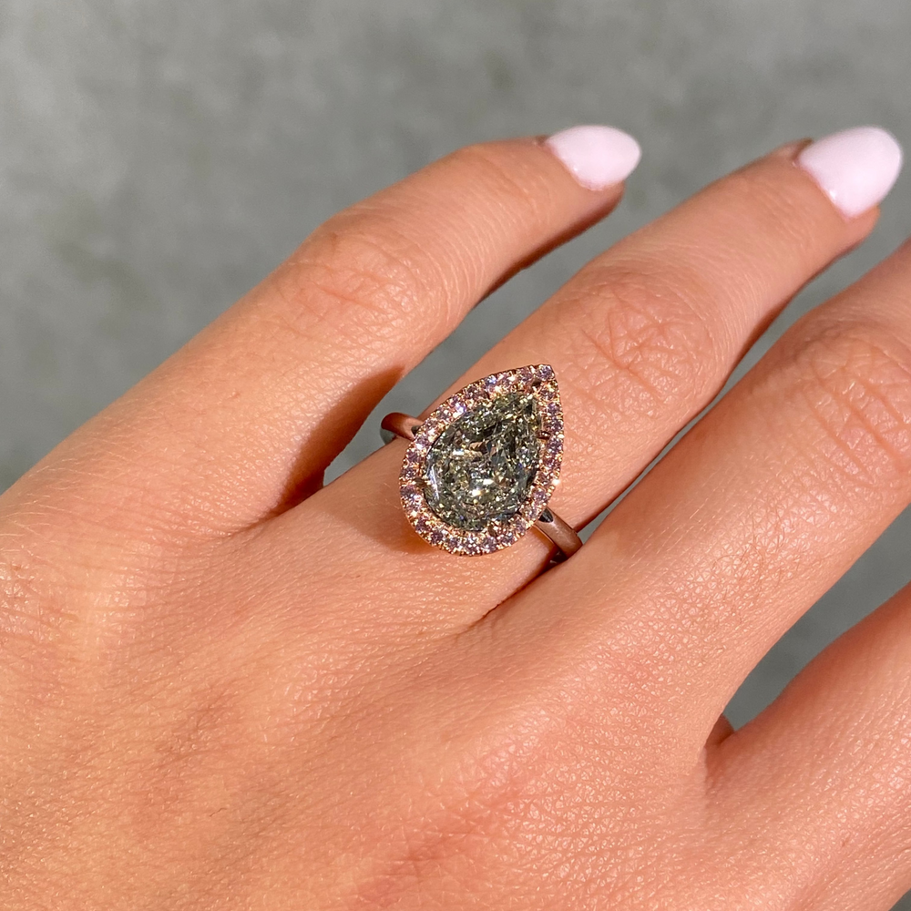3.79ct GIA Green Pear Diamond Pink Diamond Halo Engagement Ring