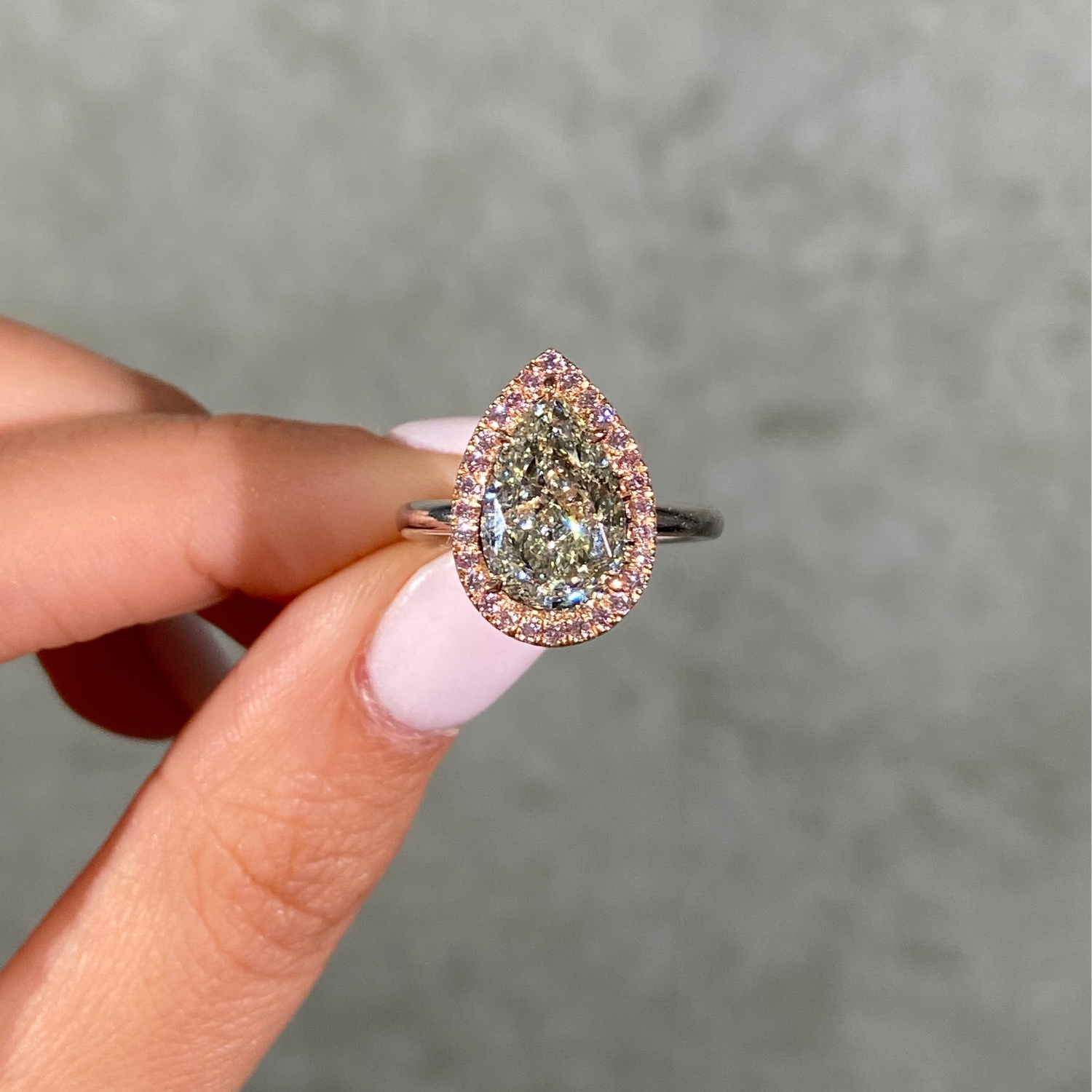 3.79ct GIA Green Pear Diamond Pink Diamond Halo Engagement Ring