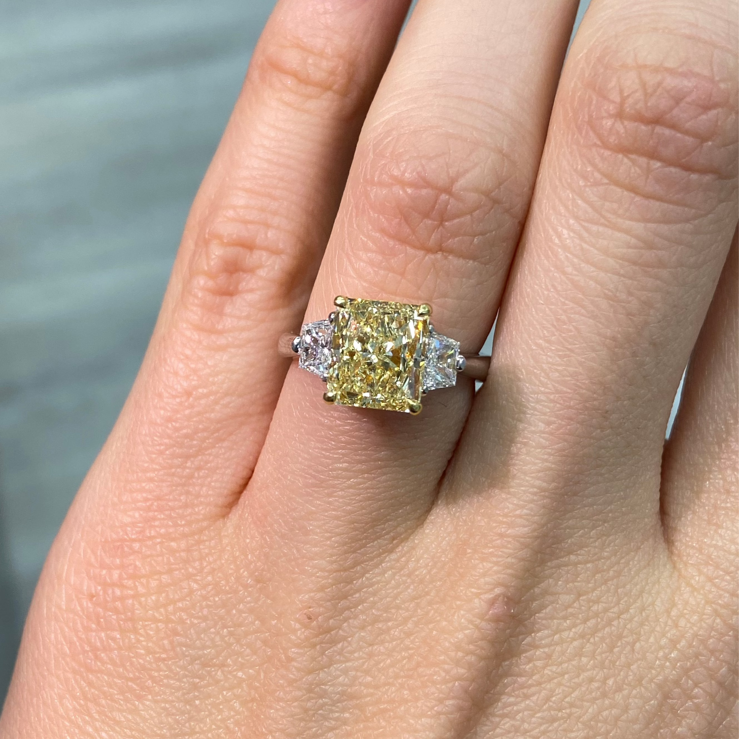 3ct Fancy Yellow Elongated Radiant engagement ring — color diamond specialists Rare Colors by Namdar