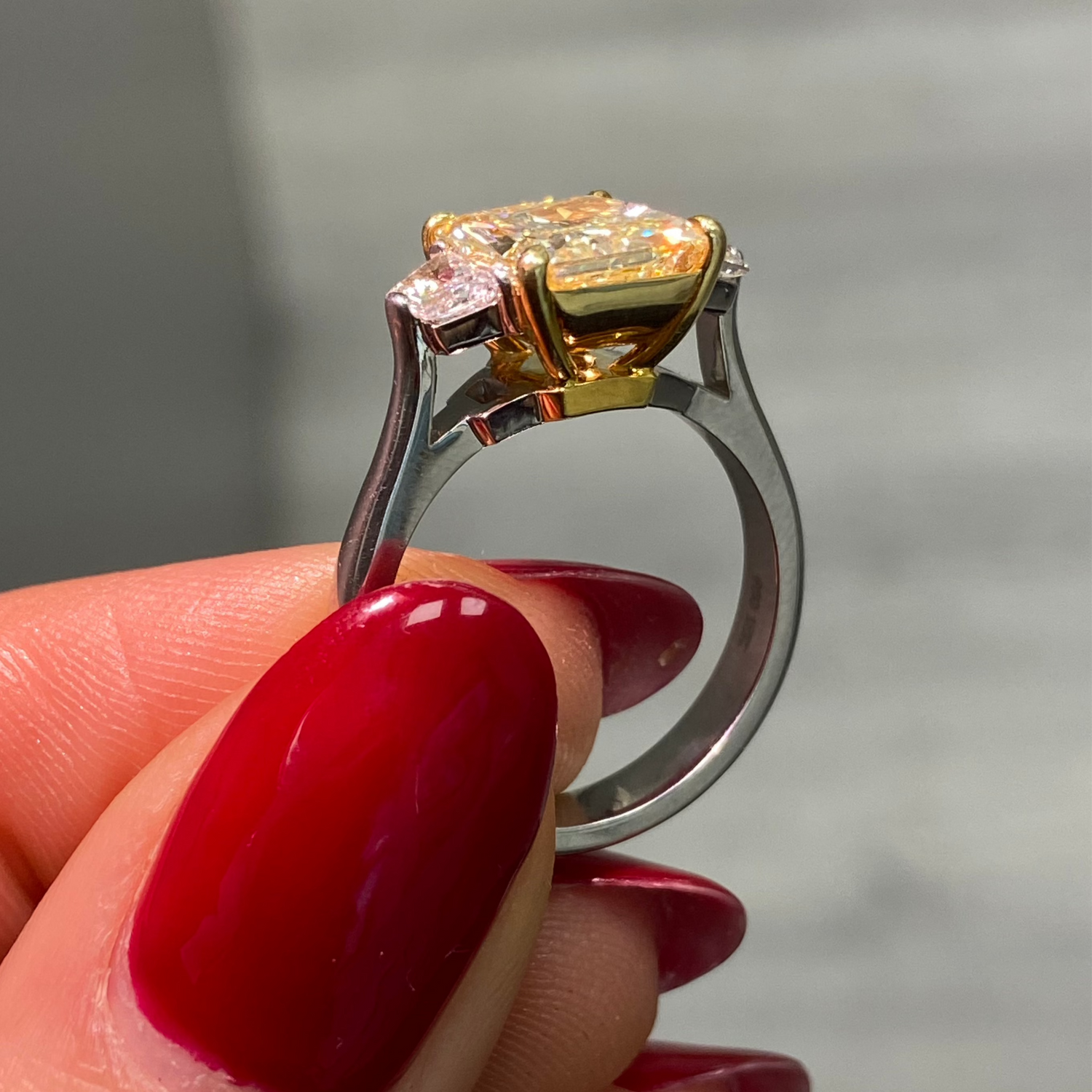 GIA 3ct Fancy Yellow Elongated Radiant diamond engagement ring at Rare Colors by Namdar, 5th Avenue New York