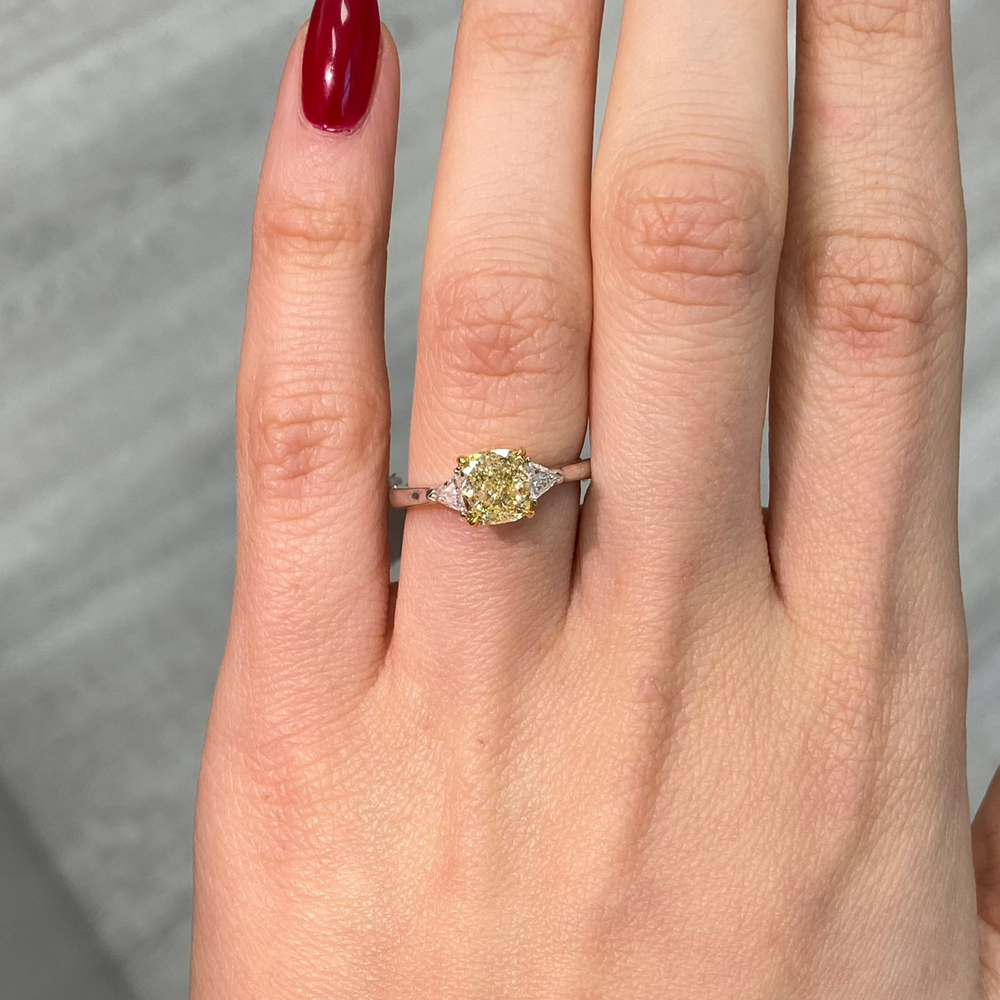 Natural yellow diamond three stone ring, three stone engagement ring, yellow diamond ring.