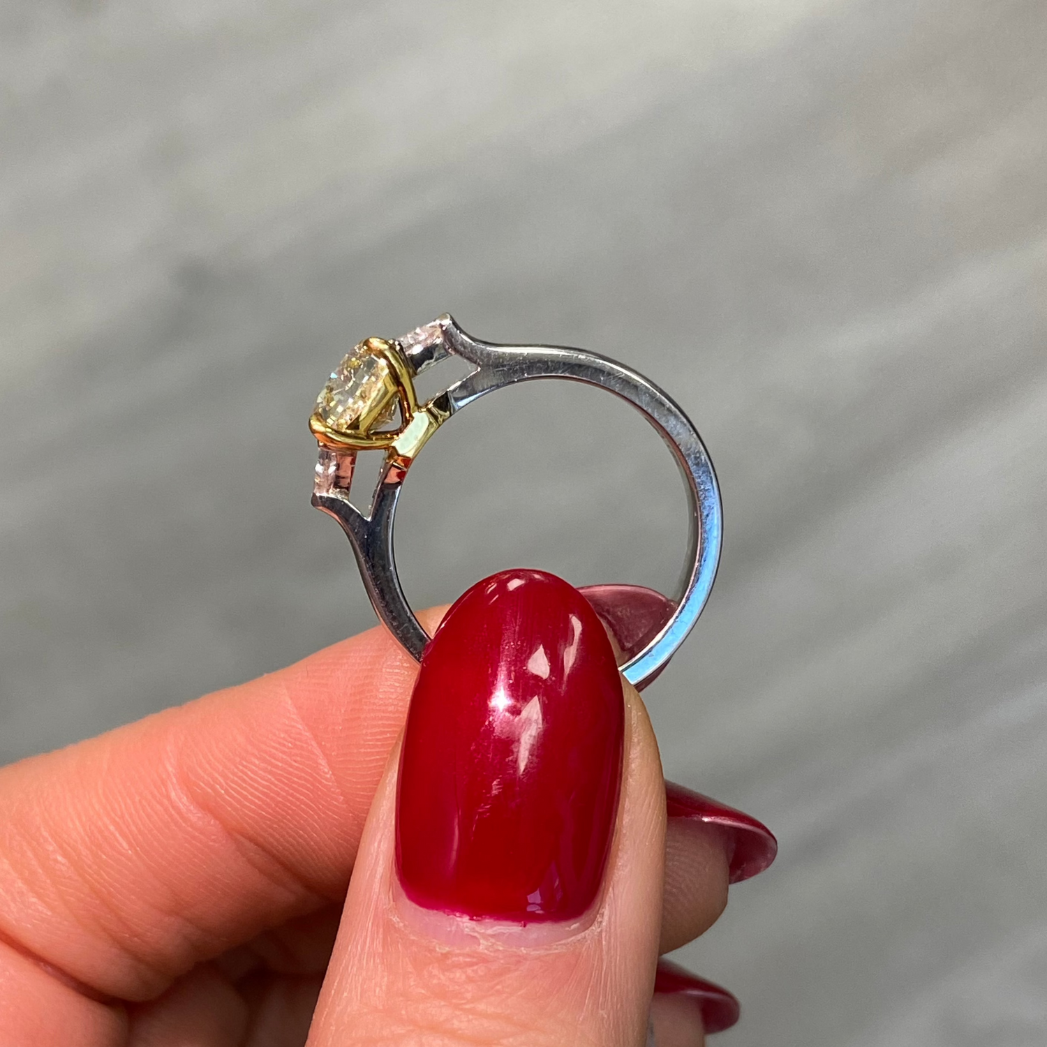 Natural yellow diamond three stone ring, three stone engagement ring, yellow diamond ring.